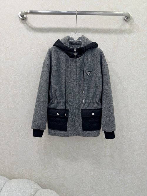 Prada New Nylon Furry Hooded Coat with Waist Drawstring and Triangle Logo