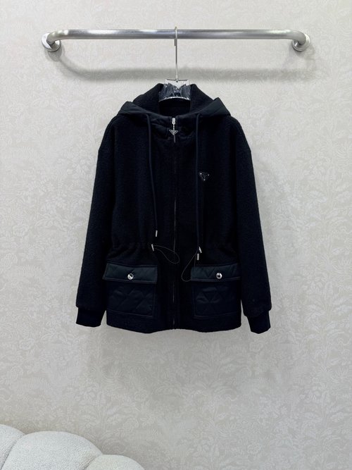 Prada Nylon Hooded Furry Jacket with Waist Drawstring and Logo