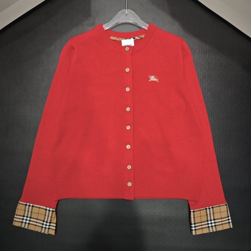 Burberry Cuff-Spliced Color-Blocked Round Neck Cardigan with Knight Emblem