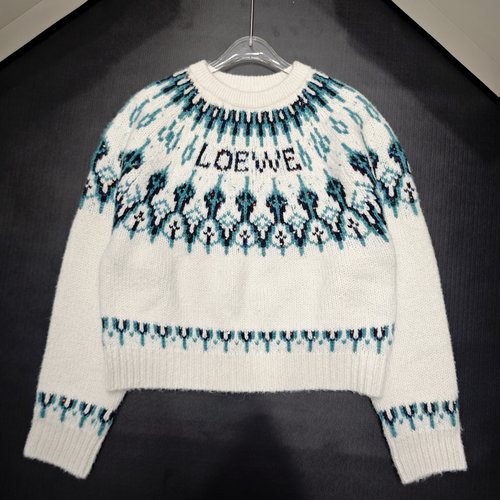 Loewe Custom Knit Round Neck Top with Color-Blocked Jacquard and Beads