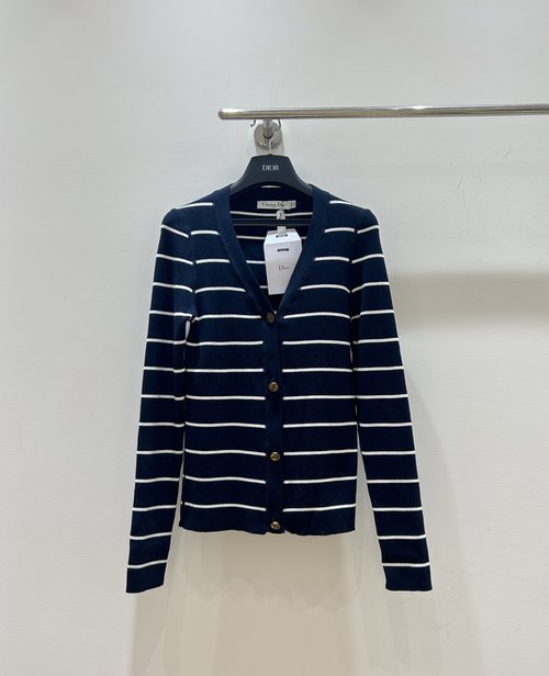 Dior Navy and White Striped V-Neck Knit Cardigan