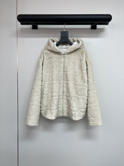 Dior Faux Fur Hooded Jacket with Diamond Pattern in Milky Beige