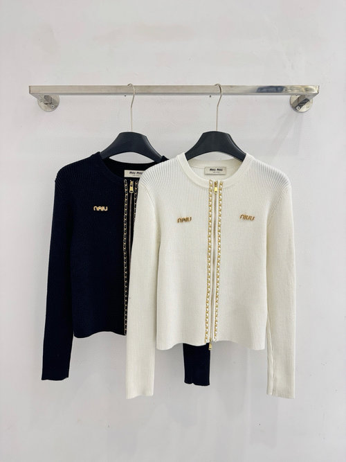 Miu Miu Black and White Round-Neck Knit Cardigan with Metal Zippers