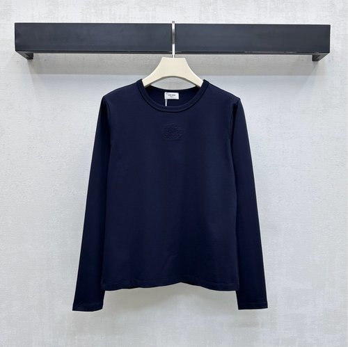 Celine Cotton Long-Sleeve Top with Embroidered Arch Logo