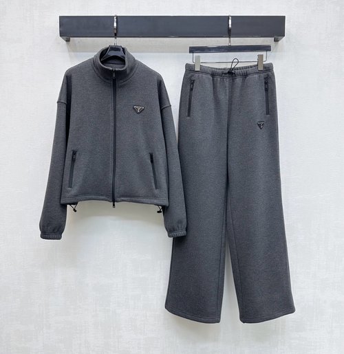 Prada Stand Collar Jacket and Pants Set with Triangle Logo and Zipper Detail