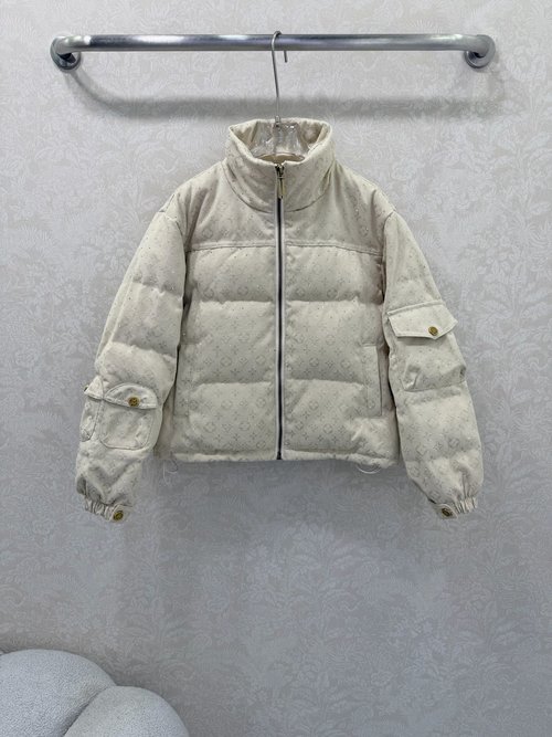 Louis Vuitton 90% White Duck Down Puffer with Pink Embroidered Pattern and Stylish Details