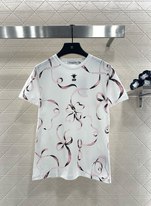 Dior Custom Cotton Short Sleeve Shirt with Bowknot and Bee Embroidery, Two Colors