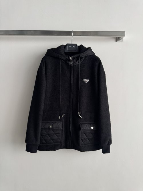Prada Chic Hooded Fleece Jacket with Drawstring Waist