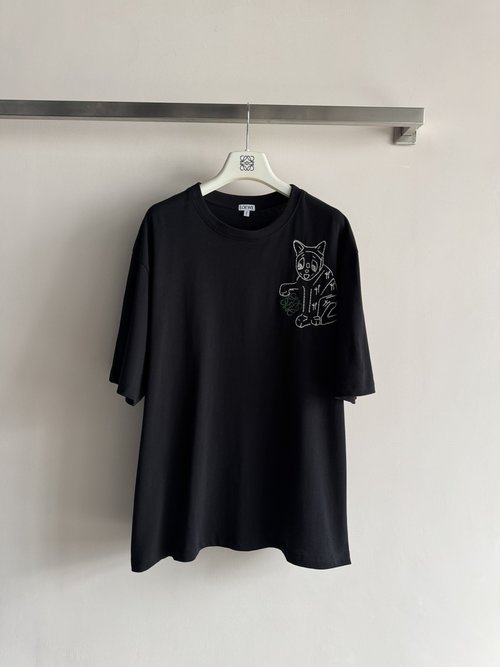 Loewe Classic Embroidered Cat Logo Round Neck T-Shirt