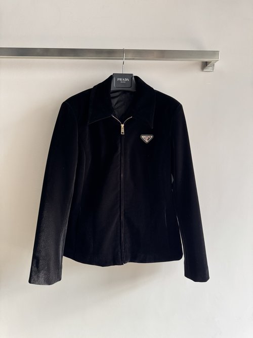 Prada Velvet Collared Jacket with Golden Zipper and Retro Logo, Elegant and Slimming