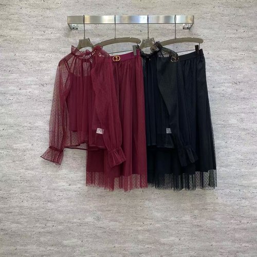 Dior Charming Mesh Dress Set with Metal Buttons in Black and Burgundy