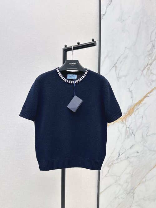 Prada Elegant Cashmere Short-Sleeve Sweater with Crystal Collar
