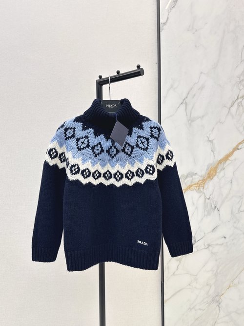 Prada Advanced Gray Fair Isle Fur Collar Sweater