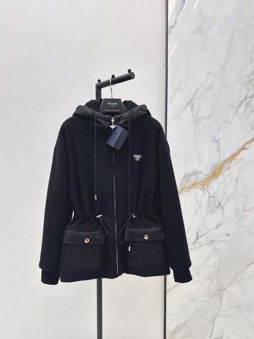 Prada Stylish Hooded Spliced Woolen Coat with Metal Logo