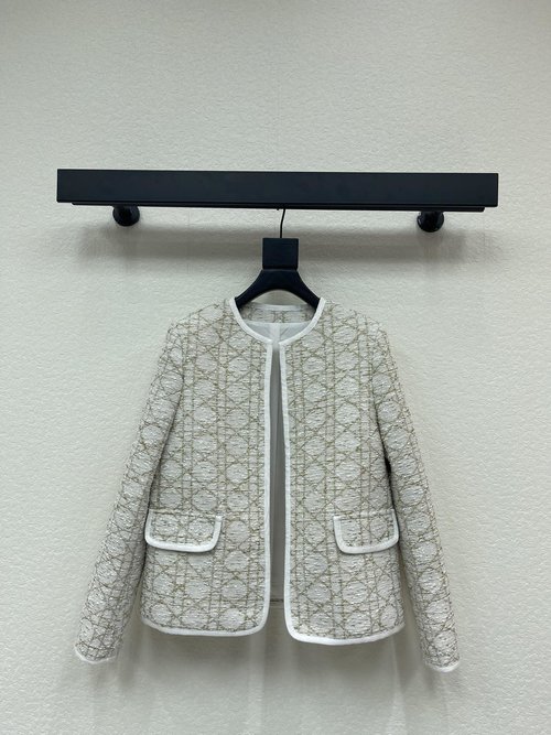 Dior White Gold Vine Checked Round Neck Elegant Coat
