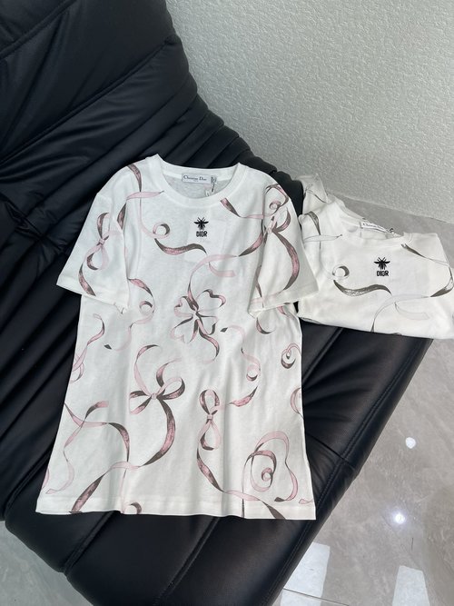 Dior Soft Cotton Short-Sleeve T-Shirt with Ribbon Bow and Embroidered Logo