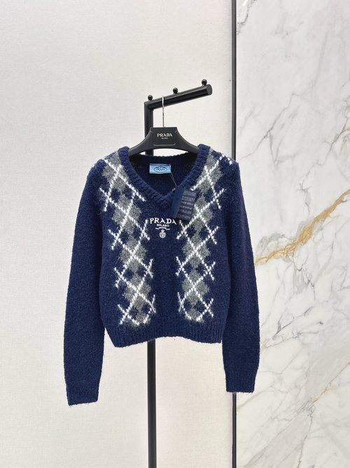 Prada V-Neck Knit Sweater with Color-Blocked Check and Logo