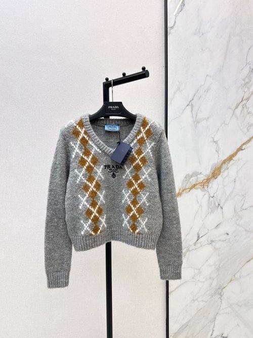 Prada V-Neck Knit Sweater with Color-Blocked Check and Logo