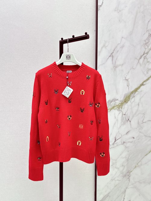 Loewe Embroidered Crew-neck Sweater, Imported Wool, Swiss Jacquard, Two Colors