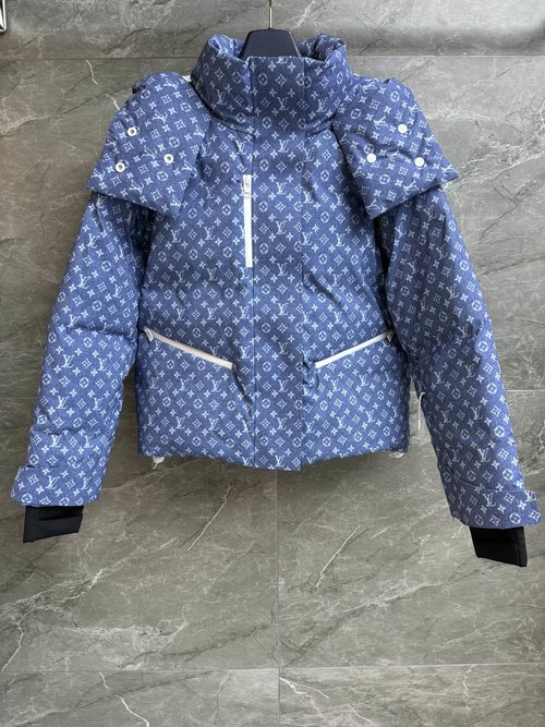 Louis Vuitton Hooded Nylon Down Jacket with All-Over Logo, Ski Outfit