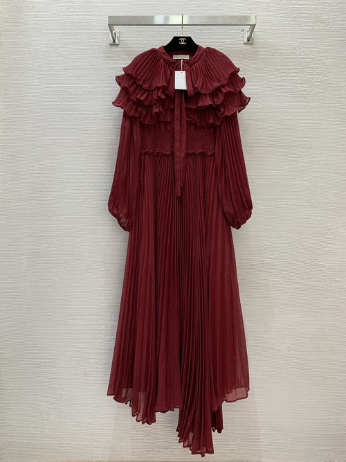 Zimmermann Irregular Long Dress with Three-layer Ruffles and Lantern Sleeves