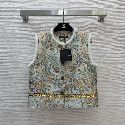 Dolce & Gabbana Luxury Sleeveless Vest with Chinese Pattern and Mink Trim