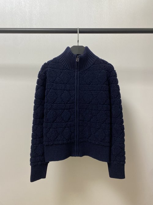 Dior Classic Vine Checked Stand-Up Collar Zipper Knit Lamb Wool Coat with Bee Embroidery