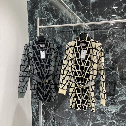 Valentino Vintage Geometric Jacquard Long Cardigan with Belt in Two Colors