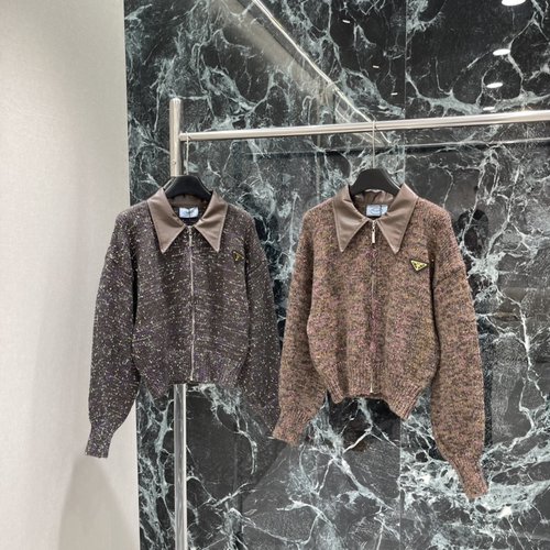 Prada Spliced Sequins Knit Cardigan with Triangle Emblem