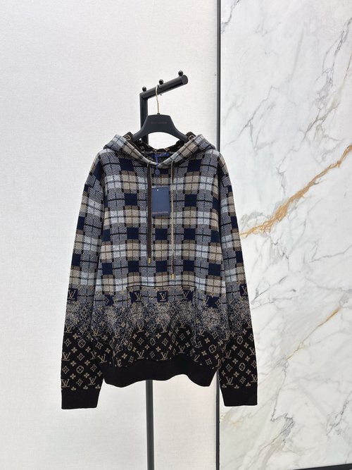 Louis Vuitton MONOGRAM Hooded Checked Sweater with Golden V-Neck for Elegant Look