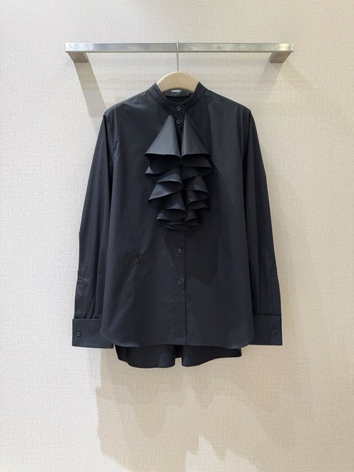 Dior Black Ruffled Stand - Collar Cotton Shirt, French Elegance