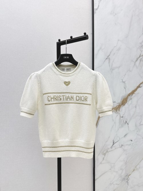 Dior Exclusive White & Gold Love Embroidery Short Sleeve Cashmere Top