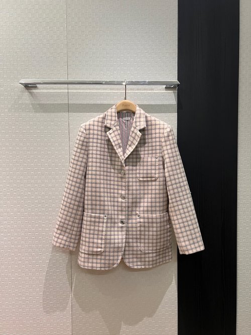 Thom Browne Pink Checked Wool Blazer with Pocket and Webbing Accents