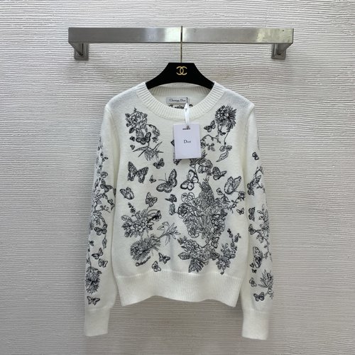 Dior White and Red Knit Sweater with Butterfly Embroidery