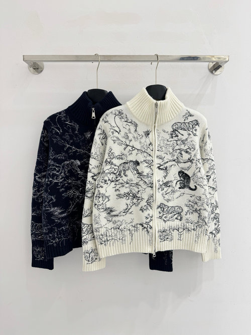 Dior High Neck Knit Top with Double Zippers and Animal Prints