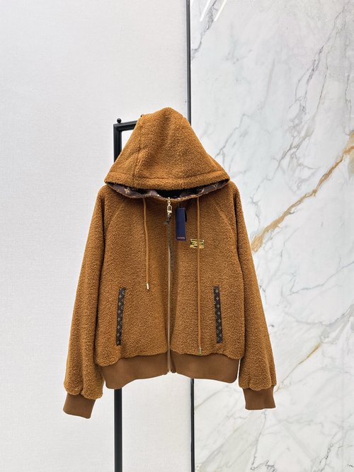Louis Vuitton Teddy Lamb Wool Hooded Zipper Jacket with Metal Logo
