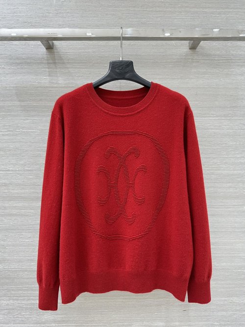 Hermes Holiday Red Cashmere Knit Pullover with Logo Jacquard