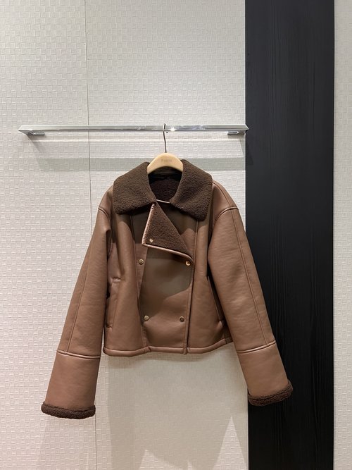 Loewe Faux Lamb Wool Coat with Double-Breasted Asymmetrical Collar and Logo Accent