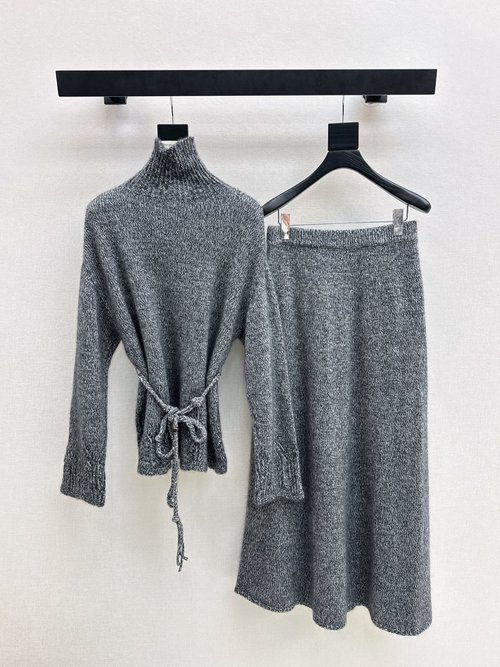 Brunello Cucinelli Knit Set Comprising Hand-Hooked High Neck Sweater and Elastic Waist Skirt