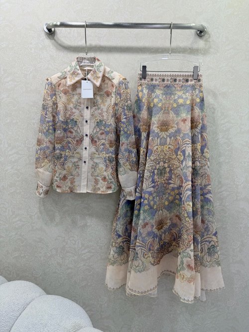Zimmermann Retro Printed Shirt and Skirt Suit with Metal Buttons