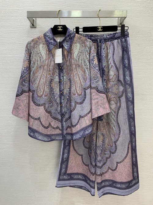 Zimmermann High-End Custom Linen Two-Piece with Retro Print