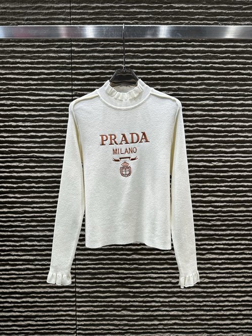 Prada Embroidered Letter Lace Collar Pullover Knit Long Sleeve