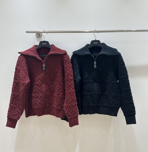 Louis Vuitton Elegant LV-Style Rhombus Zippered Navy Collared Cardigan in Two Colors