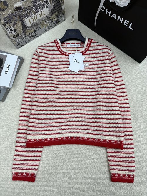 Dior Classic Striped Knit Pullover with Logo Buttons on Shoulder