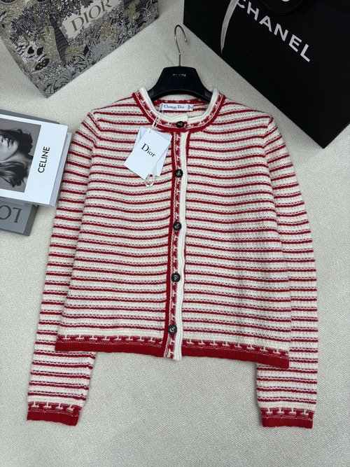 Dior Stylish Striped Knit Cardigan with Logo Buttons