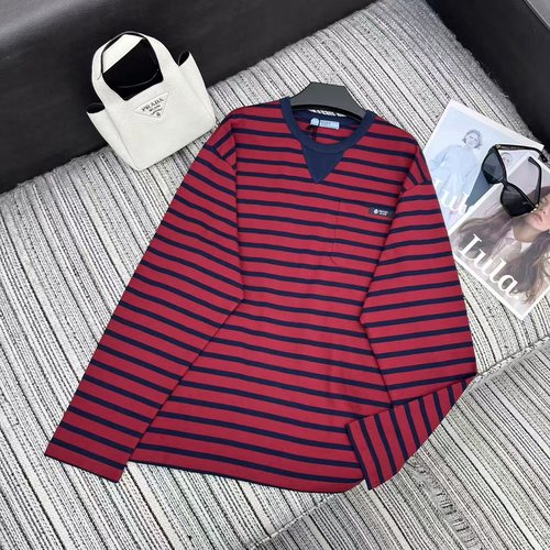 Prada Cotton Striped Long-Sleeve T-Shirt, Vintage V-Neck