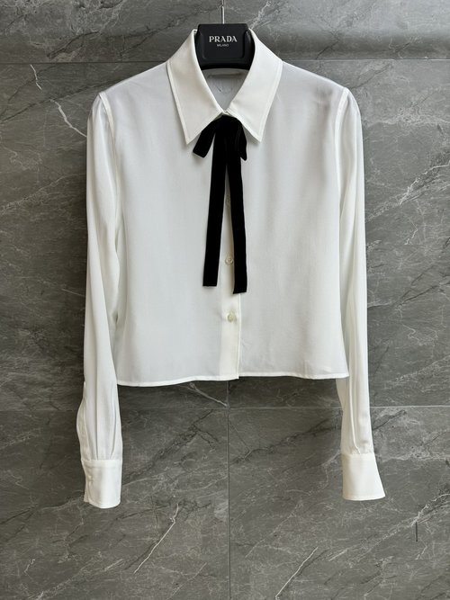Prada Elegant Silk Short Shirt with Velvet Bow, Slim and Graceful