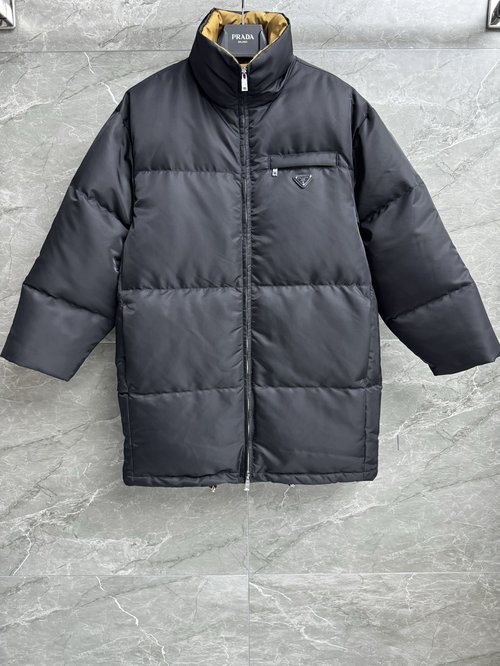 Prada Stand Collar Belted Down Jacket with Triangle Logo, Recycled Nylon