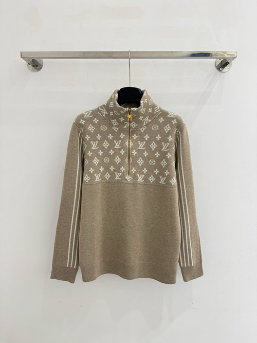 Louis Vuitton Half Zip Gold Metal Zipper Monogram Knit Top