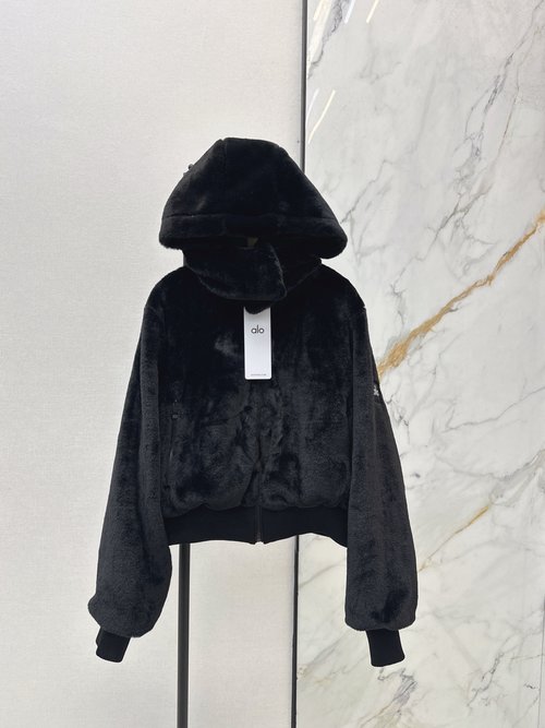 Loewe Rabbit Fur Hooded Jacket with Logo Sleeve Patch, Short Style